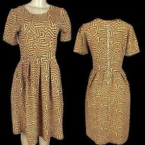 LulaRoe L Yellow Geometric Crew Zip Back Pleated Short Sleeve Knee Length Dress